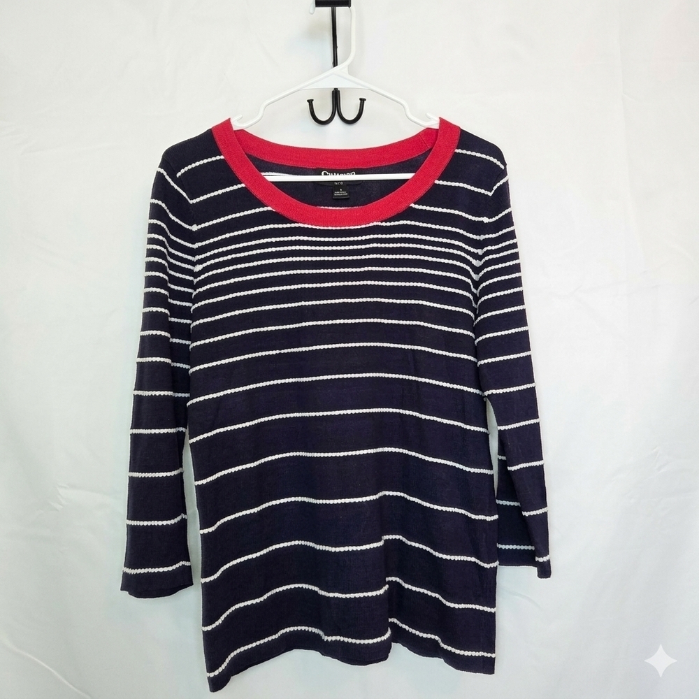 Striped Navy and White Crew Neck Sweater with Red Trim Women's Large #93